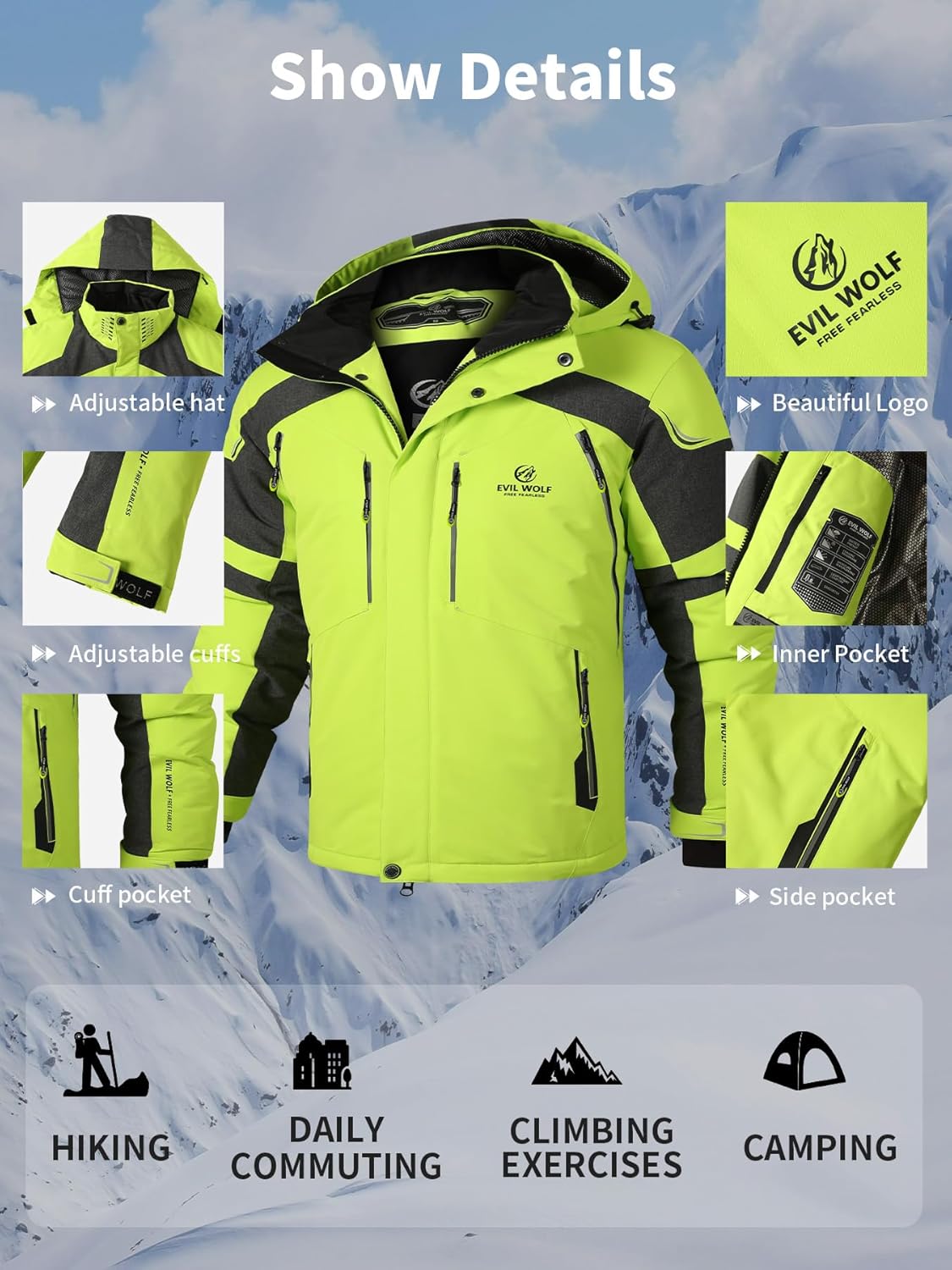 EVIL WOLF Men's Waterproof Ski Jacket - Hooded & Warm, Multi-Pocket, Essential Winter Gear for Skiing & Hiking