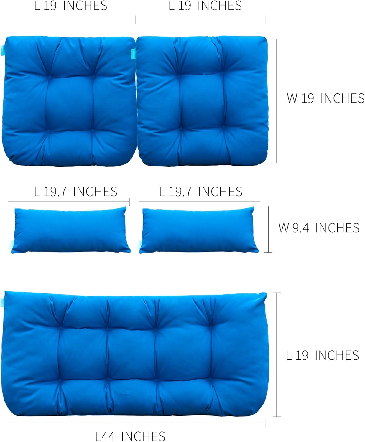 QILLOWAY Outdoor Wicker Cushion Set of 5 - Waterproof Fade Resistant Patio Furniture Cushions, Loveseat 2 U-Shape 2 Lumbar Pillows for Porch, Bench, Backyard, Garden, Blue