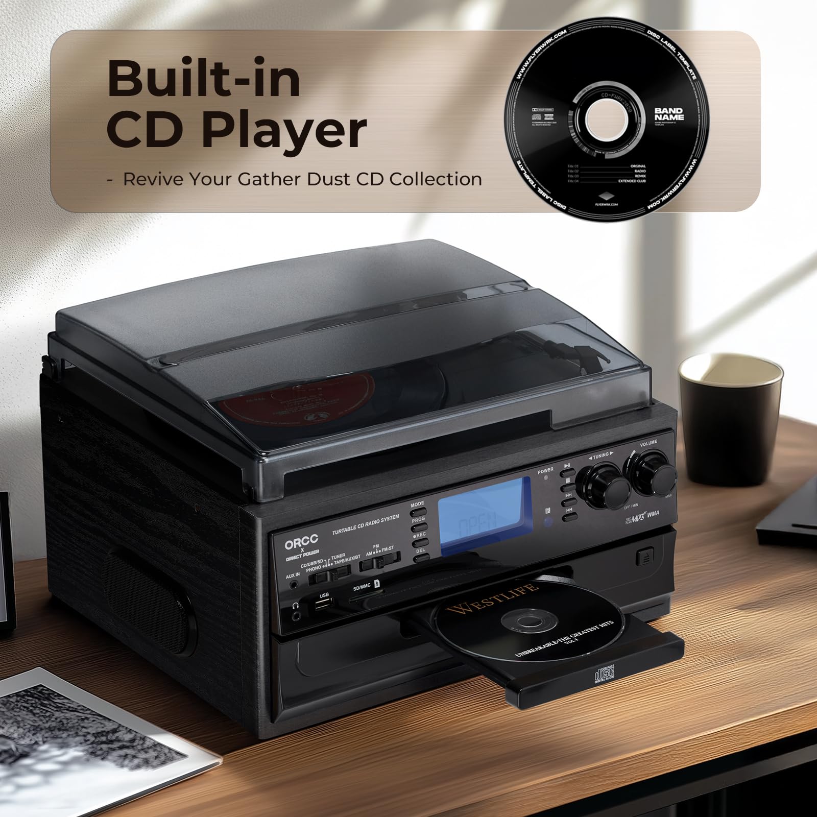 ORCC Giradischi 10 in 1, con carta regalo, giradischi in vinile per 33/45/78 giri/min, riproduzione e registrazione CD/USB/SD, Bluetooth e telecomando, radio FM/AM per gli amanti della musica, grigio