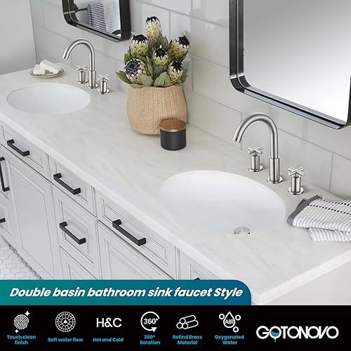 Miniatura 8 de gotonovo Grifo de baño de 3 agujeros de 8 pulgadas, grifo de tocador para fregadero de baño, 2 manijas cruzadas, lavabo de montaje en cubierta con