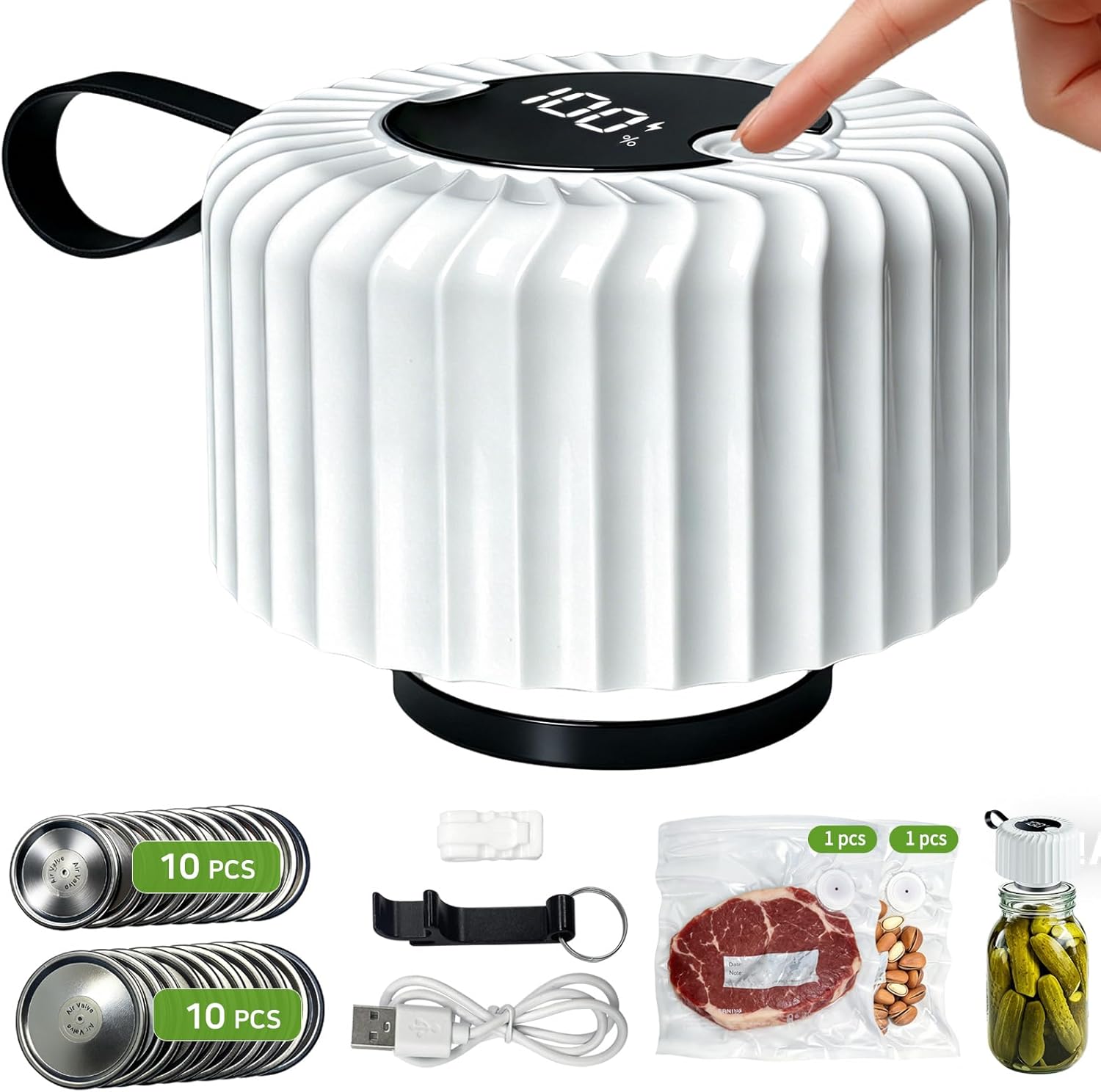 Xinyonxin Electric Mason Jar Vacuum Sealer Kit - Portable One-Touch Automatic Food Sealer for Wide & Regular Jars (Includes 20 Lids, 2 Bags, Opener)(white)