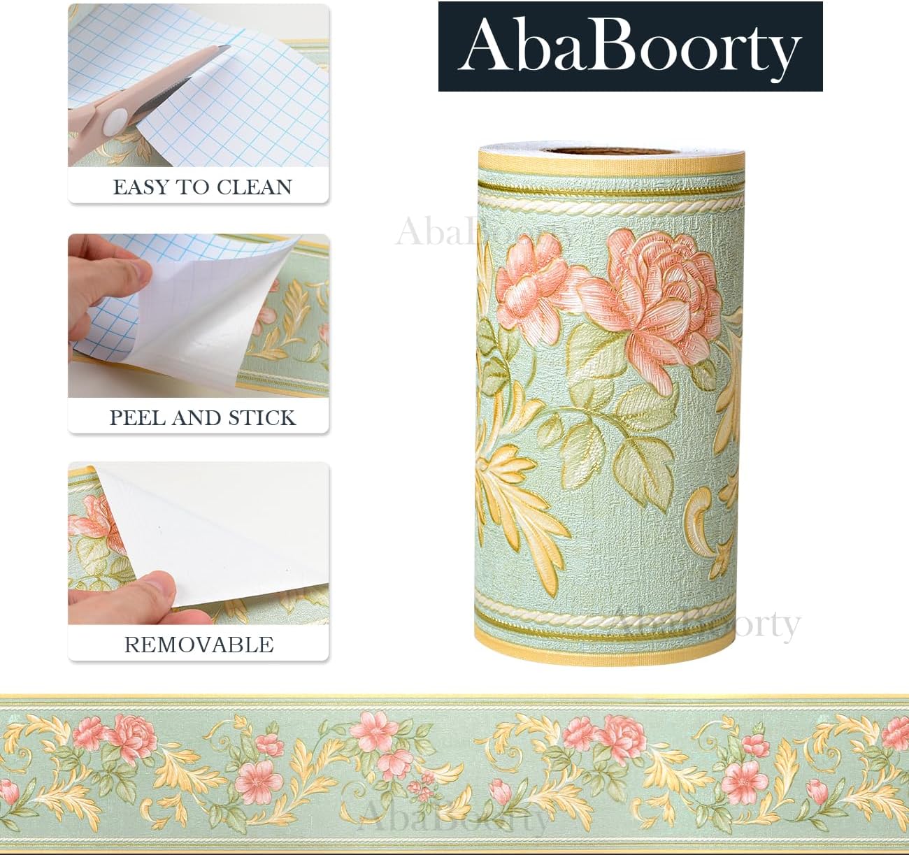 AbaBoorty Green Floral Wallpaper Border Decor 196"X4.1" Peel and Stick Wall Border Waterproof Tiles Sticker Wallpaper Self Adhesive Removable Wall Stickers for Bedroom Living Room Decor