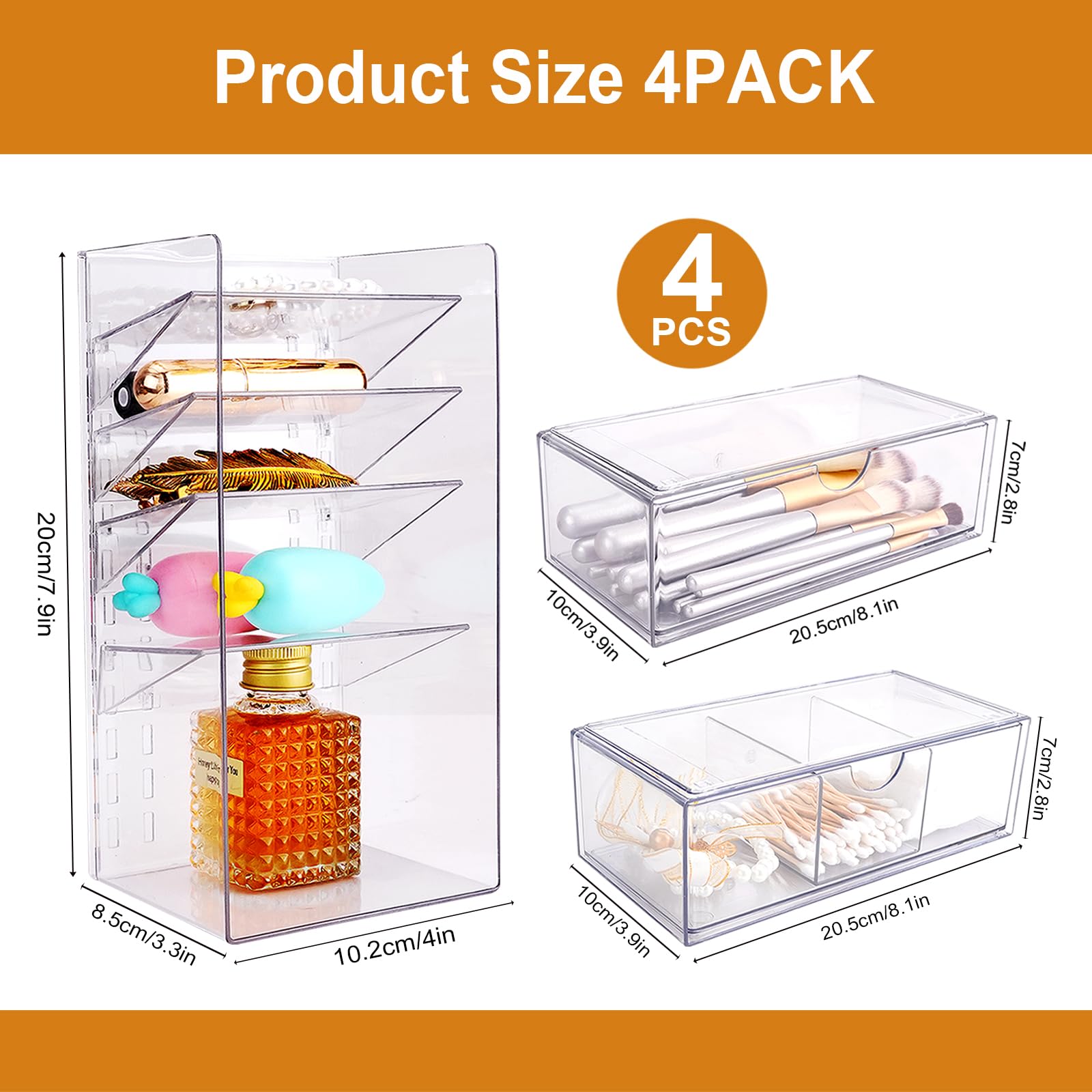 IBEQUEM 4PCS Cosmetic Storage Drawer, Stackable Bathroom Acrylic Organizer for Dresser Stationery, Kitchen Cabinet, Pantry - Image 3