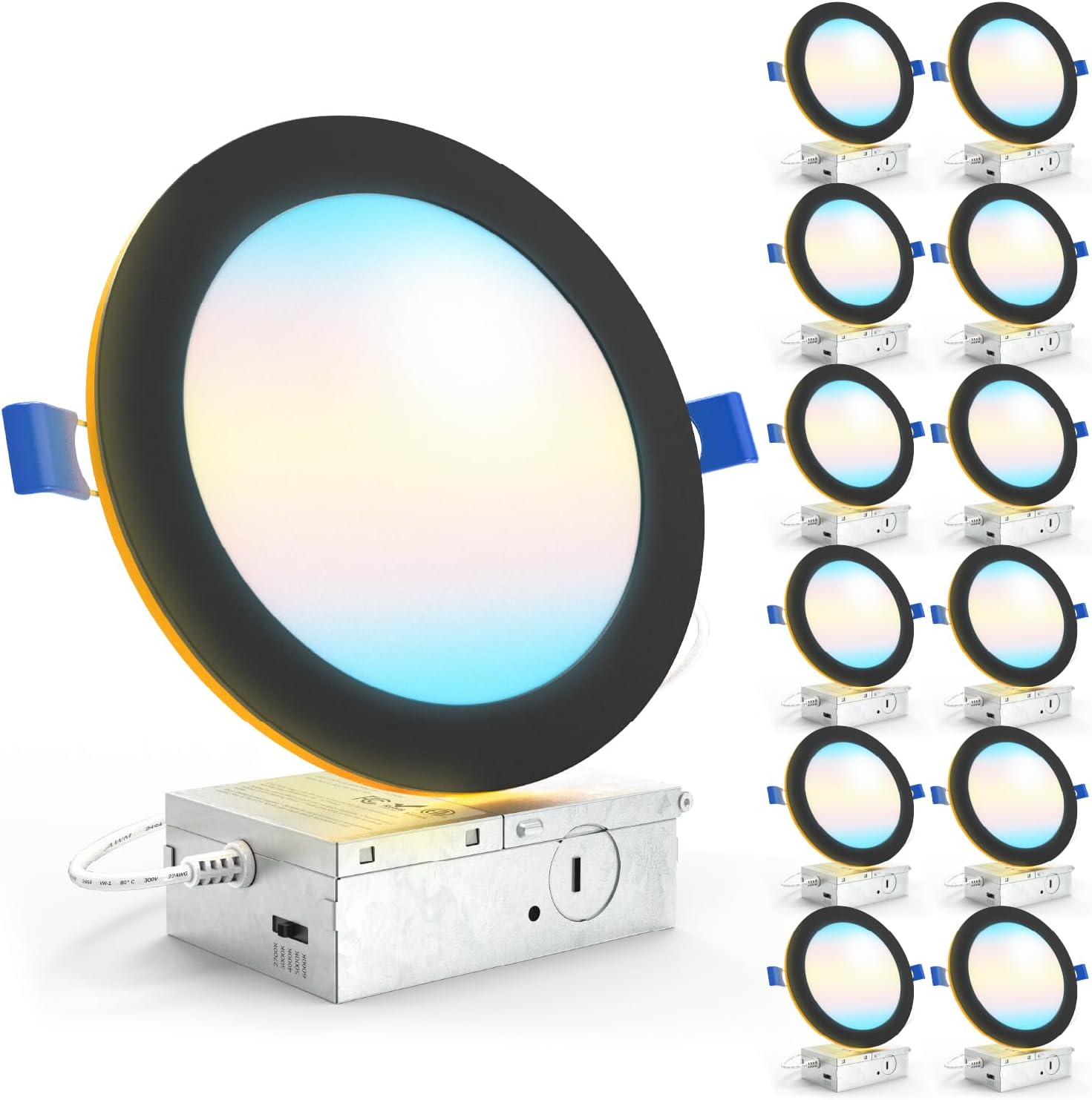 Sunco 12 Pack Black Recessed Lights 6 Inch LED, Canless with Night Light, Wafer Thin, 1500 Lumens, Selectable CCT 2700K/3000K/4000K/5000K/6000K, Dimmable, 15W, with Junction Box UL/ETL