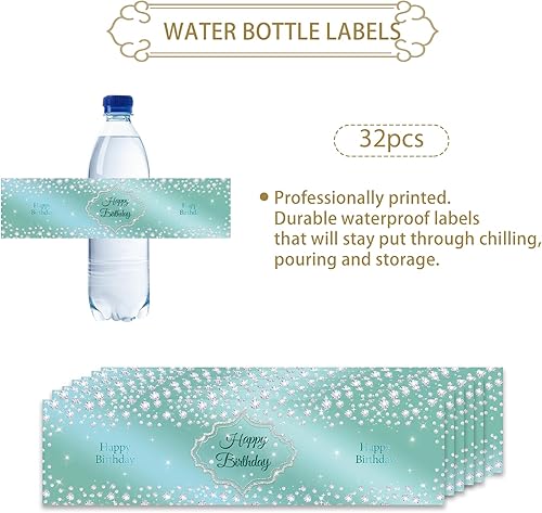 Miniatura 2 de 32 etiquetas para botellas de agua de feliz cumpleaños, diseño de diamantes con texto en inglés Happy Birthday de Happy Birthday con texto Diamond