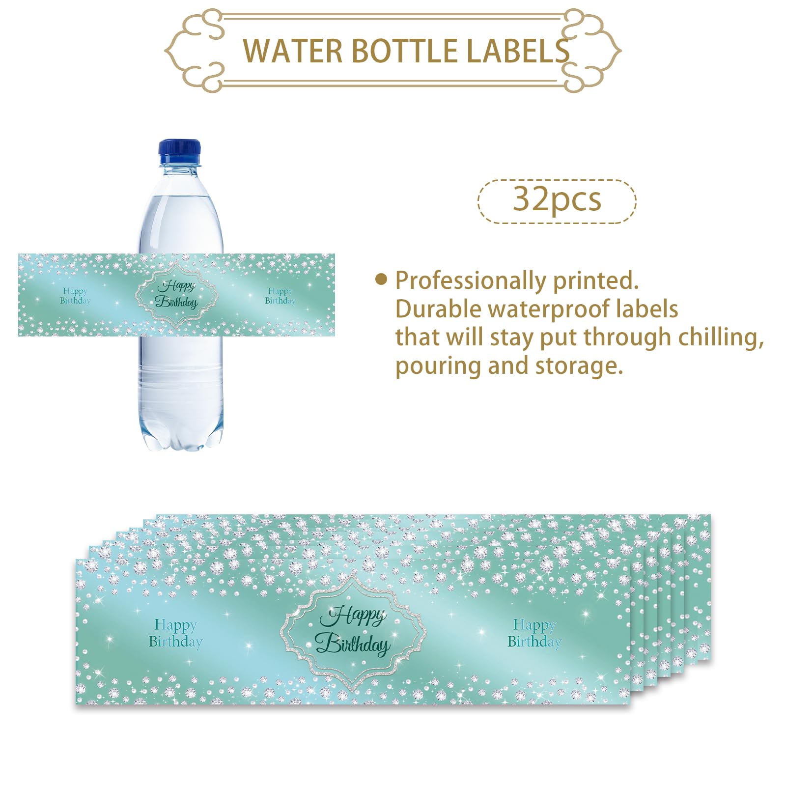 32 Pcs Teal Blue Happy Birthday Water Bottle Labels – Pearl Finish Party Decor For 21st, 30th, 40th Birthdays
