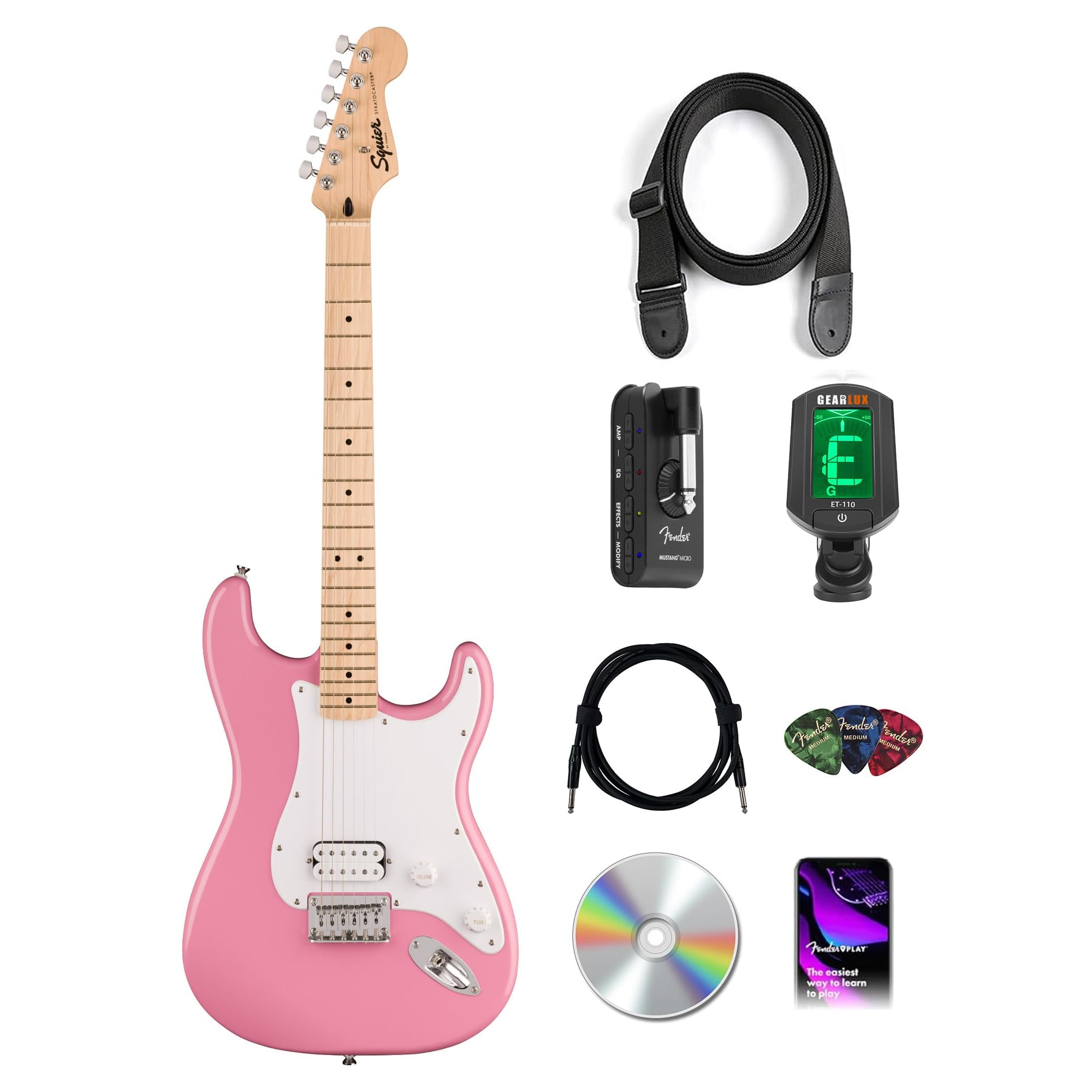 Fender Squier Sonic Stratocaster HT H - Flash Pink Bundle with Mustang Micro Headphone Amp, Cable, Tuner, Strap, Picks, and Austin Bazaar Instructional DVD