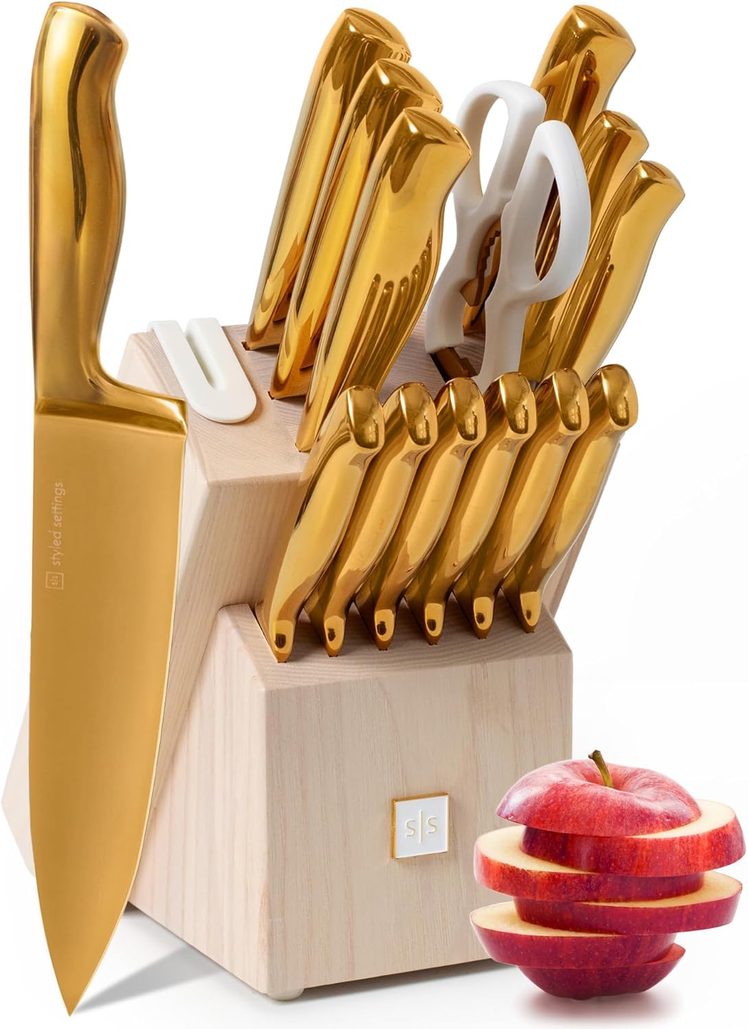 Gold Knife Set for Kitchen with Block and Sharpener – 14-Piece Razor Sharp Titanium Gold Knives with Ashwood Block and Built-In Sharpener – Stylish Kitchen Accessories for Cooking and Prep Gold Knife Set for Kitchen with Block and Sharpener – 14-Piece Razor Sharp Titanium Gold Knives with Ashwood Block and Built-In Sharpener – Stylish Kitchen Accessories for Cooking and Prep