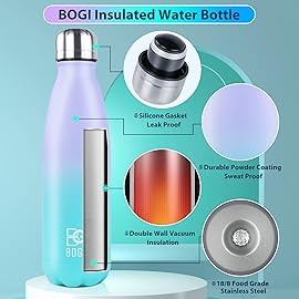 BOGI Insulated Water Bottle, 25oz Stainless Steel Water Bottles, Leak Proof Sports Metal Water Bottles Keep Cold for 24 Hours and Hot for 12 Hours BPA Free kids water bottle for School (Purple Mint)