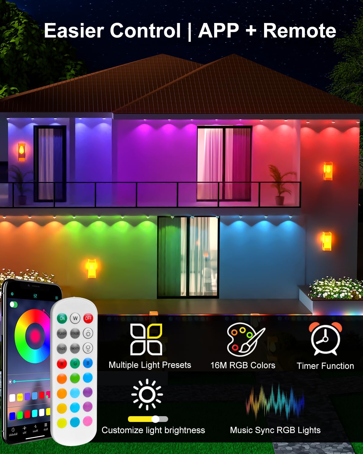 Image showing a house illuminated with colorful lights, alongside a smartphone displaying the control app and a physical remote control.