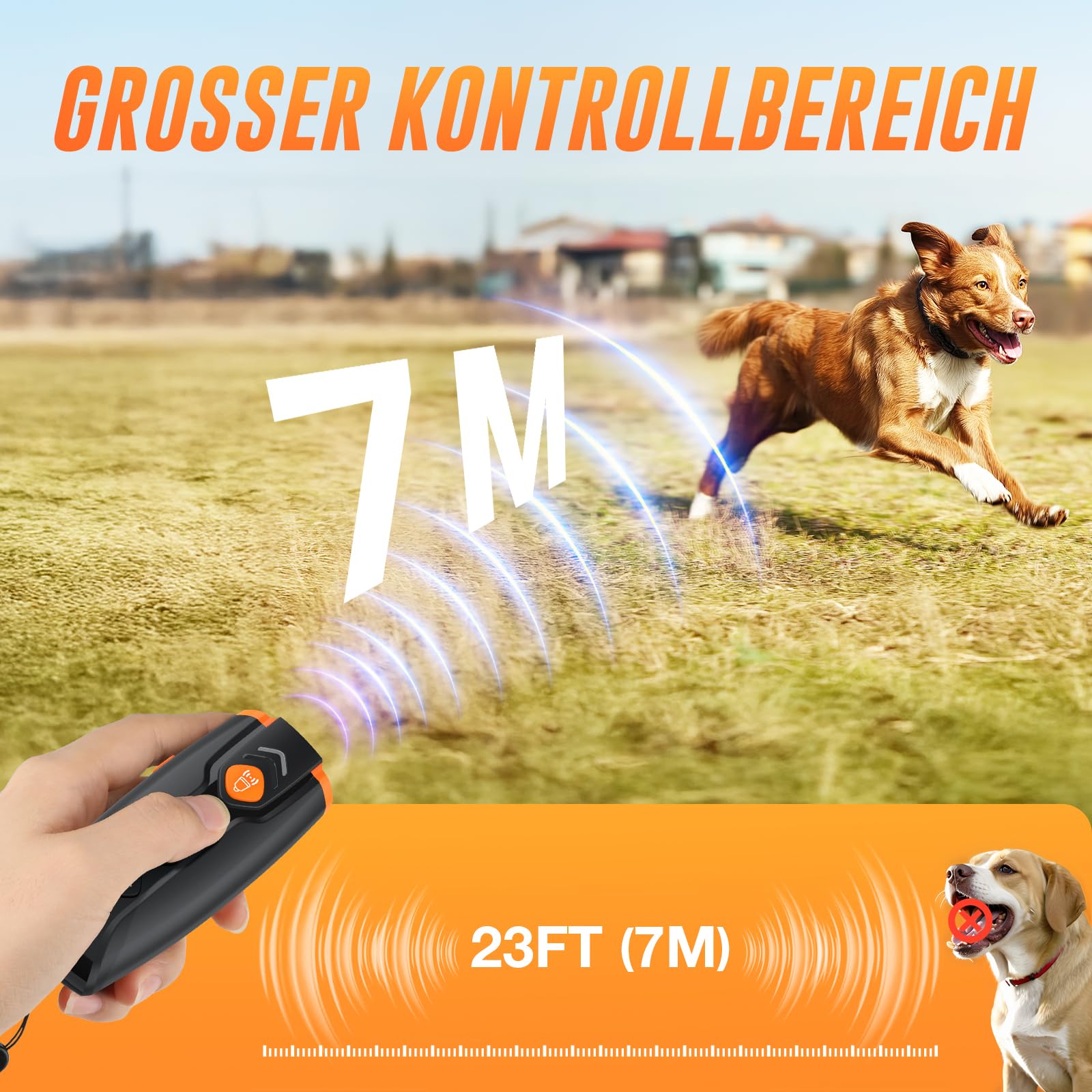 HZK Ultraschall-Hundegebell-Abwehrgerät, Wiederaufladbares Anti-Bell-Gerät mit 4 Modi (Akustisch/Ultraschall/Stroboskop+Ultraschall/LED-Taschenlampe),7 M Reichweite,Geeignet für das Hundetraining