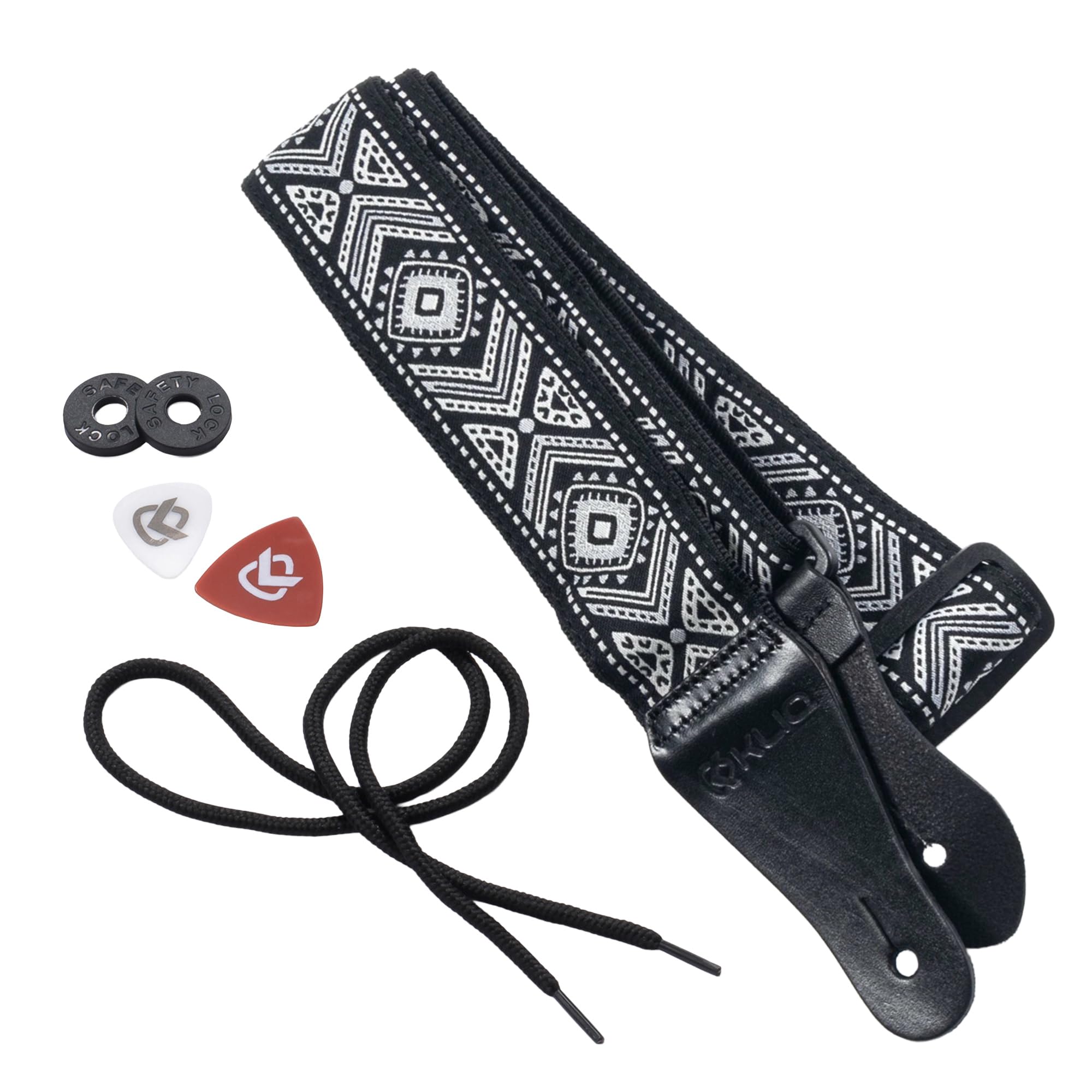 KLIQ Vintage Woven Guitar Strap for Acoustic and Electric Guitars + 2 Rubber Strap Locks, 2 Guitar Picks and 1 Lace | '60s Jacquard Weave Hootenanny Style | Diamond Gray