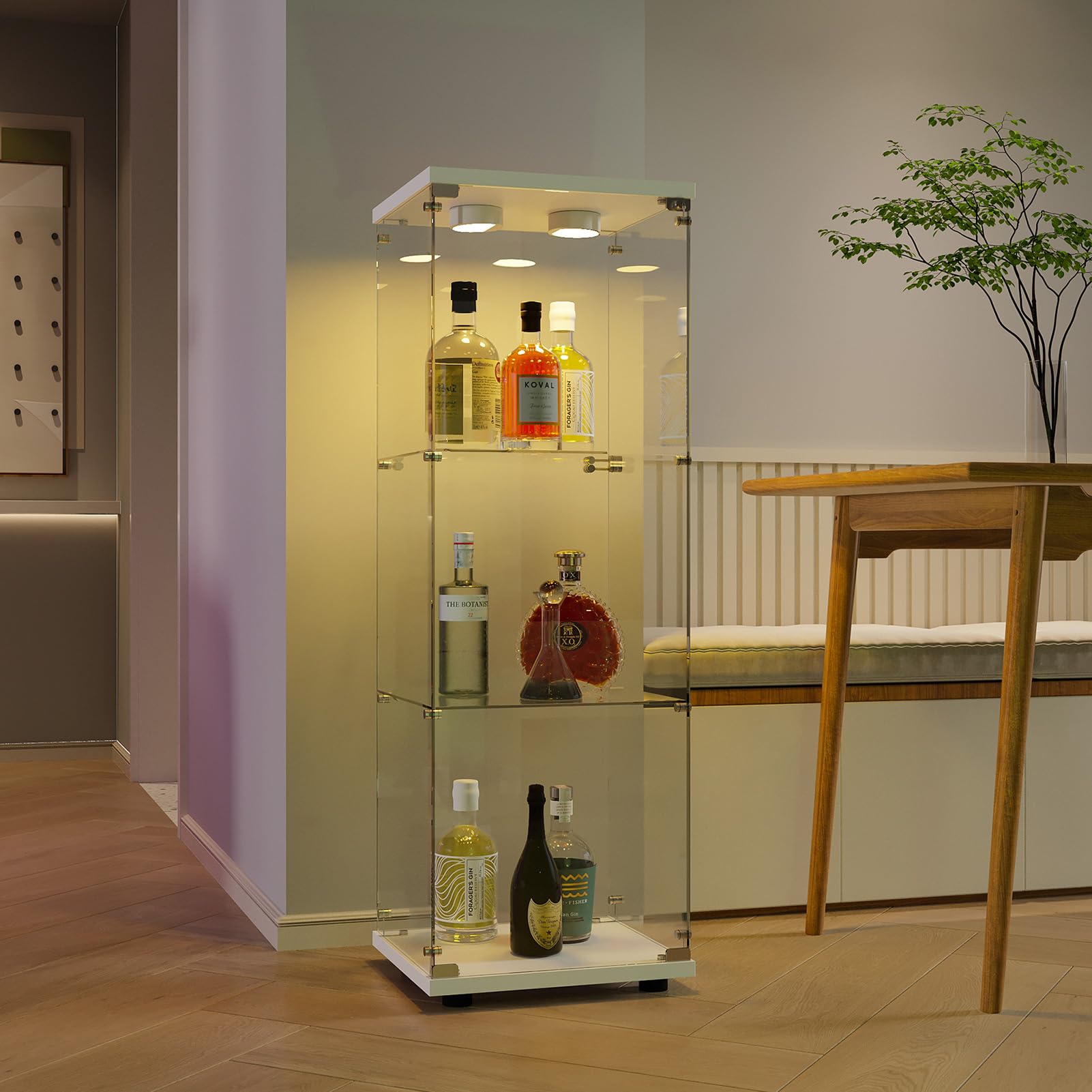Vitrina de Cristal, Vitrina expositora, Armario de colección Moderno de 3 Capas con Puerta, Mueble Vitrina de Cristal con LED, para Dormitorio, Sala de Estar, 42 x 36 x 125 cm, Blanco