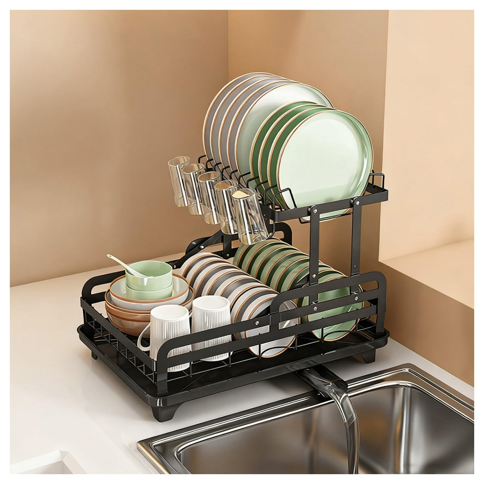 Escurreplatos de Metal 2 Niveles,escurridor Multifuncional Acero al Carbono para encimeras Cocina con Bandeja Drenaje,portavasos y Tabla Cortar(Negro-A)