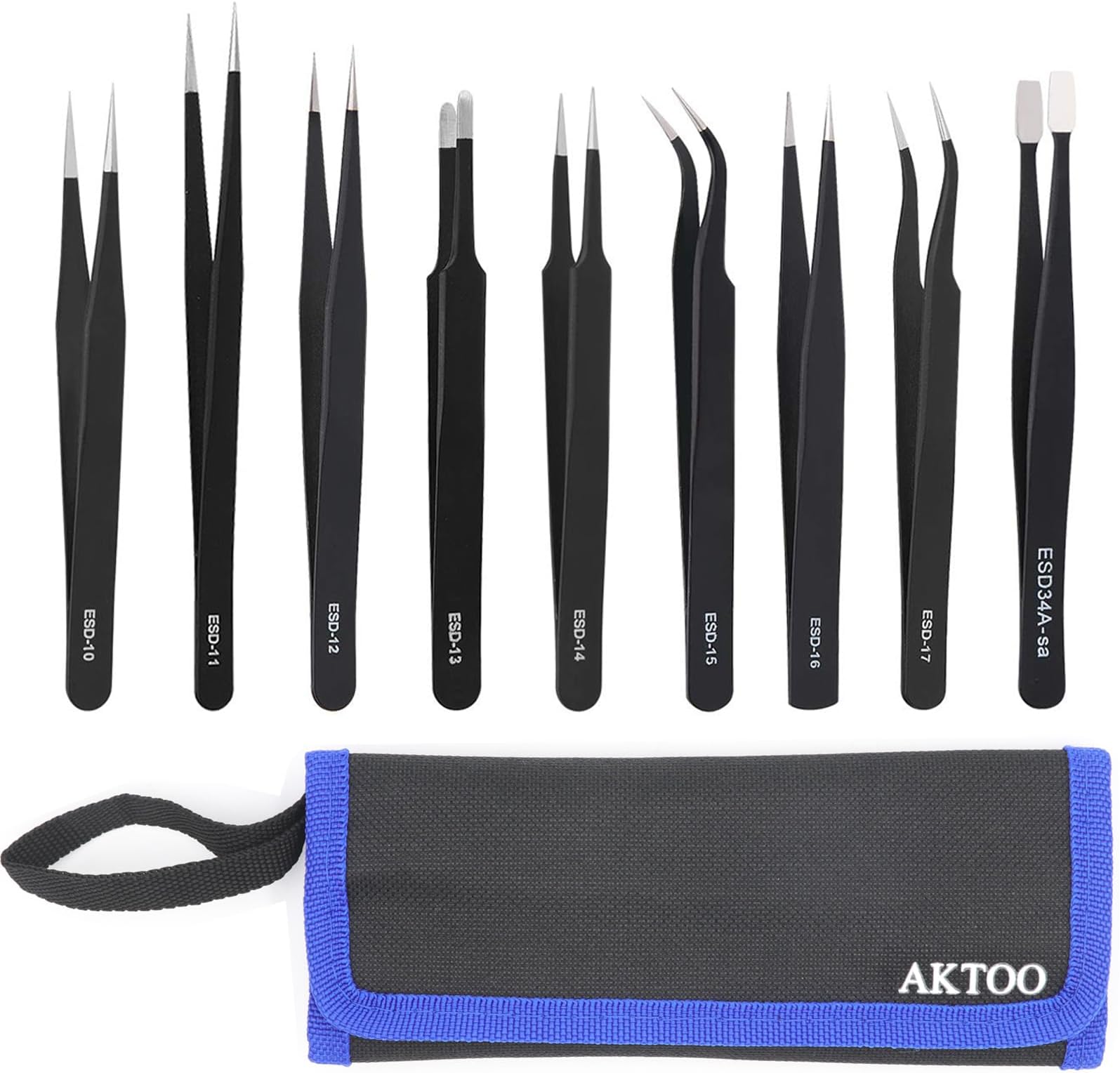 AKTOO ESD Anti-Static Precision Tweezers Tools Kit Non-magnetic Stainless Steel Tweezers Set with Storage Bag by AKTOO for Electronics soldering,Phone Repair,Jewelry,Craft,Laboratory Work,9 Pcs