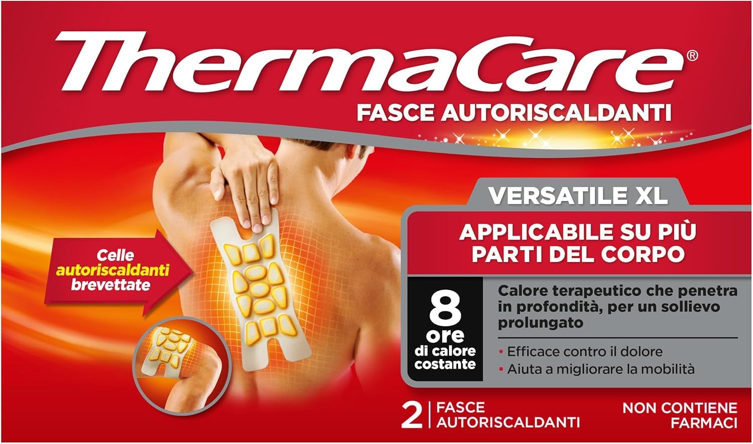 ThermaCare Versatile XL Fasce Autoriscaldanti a Calore Terapeutico per Dolore Diffuso, 8 Ore Calore Costante, 2 Fasce Monouso