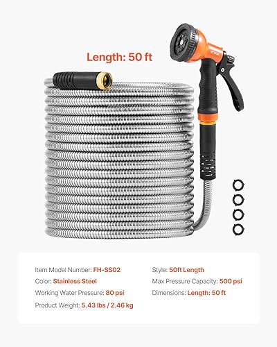 Miniatura 7 de VEVOR Manguera de jardín de metal de 50 pies  Manguera de agua de acero inoxidable resistente, flexible, sin torceduras ni enredos, resistente a