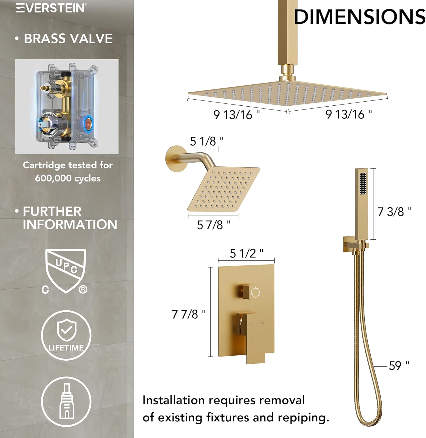 10" High-Pressure Rainfall Shower Faucet, Celling Mount Dual Shower Head System, Brushed Gold