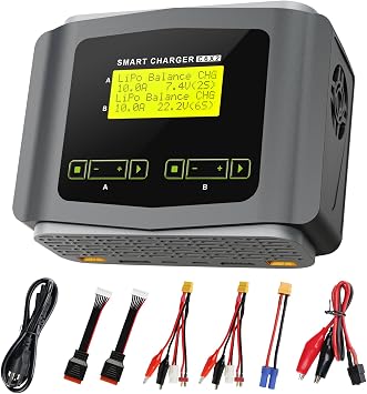 LiPo Battery Charger Large Screen Dual RC Charger Discharger 10A Fast Balance Battery Charger for 1-6S LiPo LiHV Li-ion Life 1-15S NiCD NiMH PB Smart Batteries RC Car Drone (Gray)