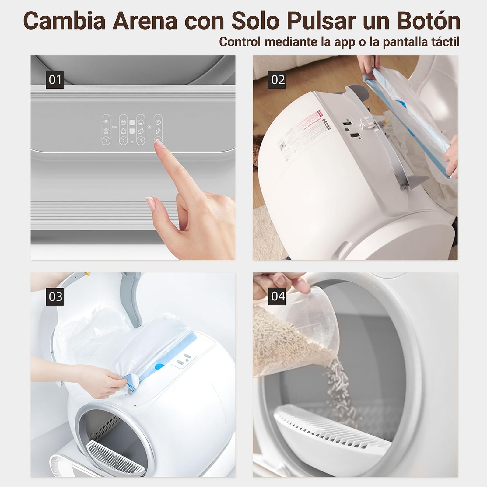 Arenero Automático para Gatos, 65L Gran Capacidad, Autolimpiable con Control App, Sensores de Seguridad Inteligentes, Eliminación de Olores, Ideal para Varios Gatos