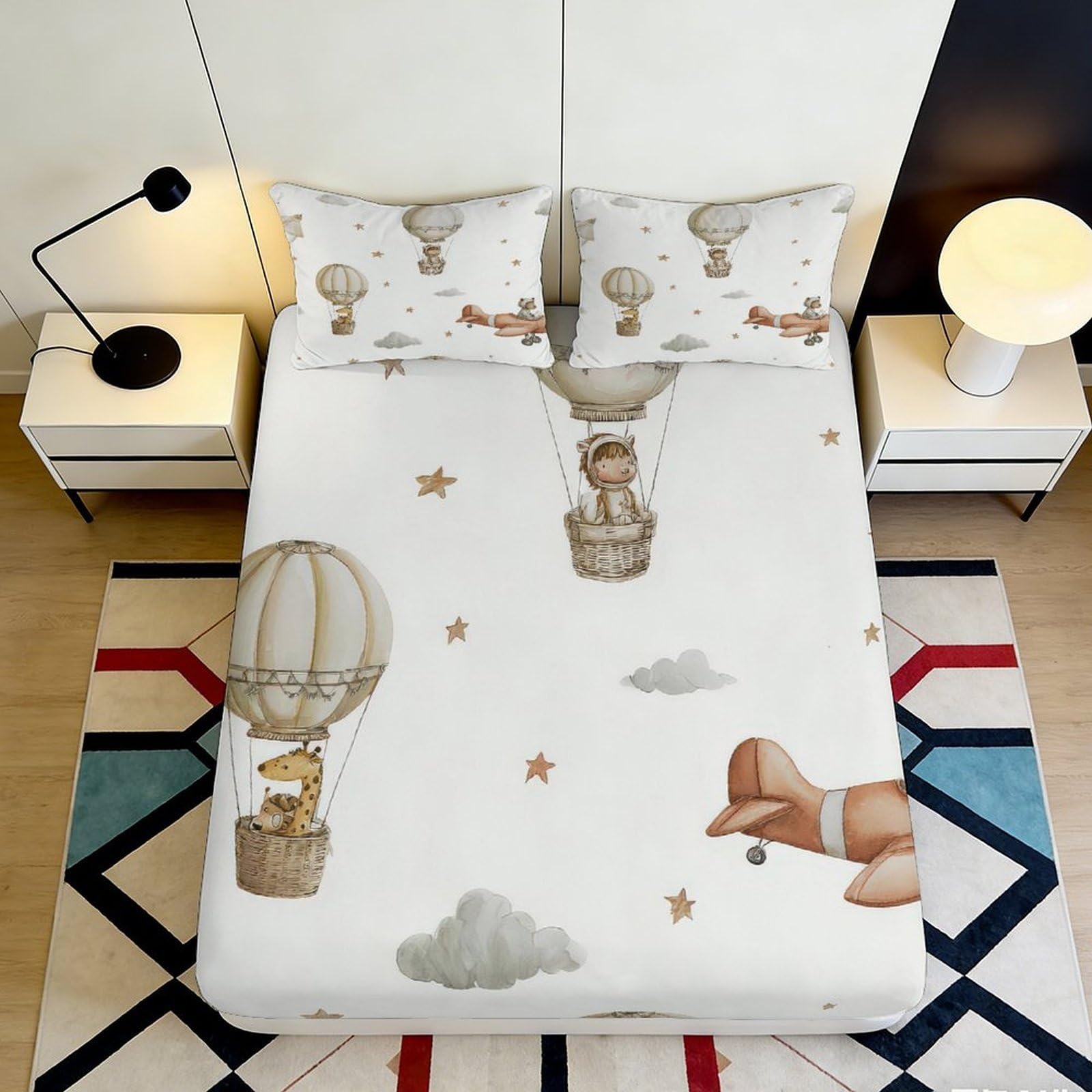Pnayamiorkfel Style-9 3D Printed Hot Air Balloon Fitted Sheet Microfiber Cartoon Animal Mattress Cover Anti-Slip Machine Washable For Bedroom Dorm 90X200x25cm