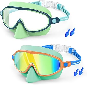 Vvinca 2 Pack Kids Swim Goggles with Nose Cover for 3-14, Wide View Anti-Fog UV Protection Swimming Mask for Boys Girls