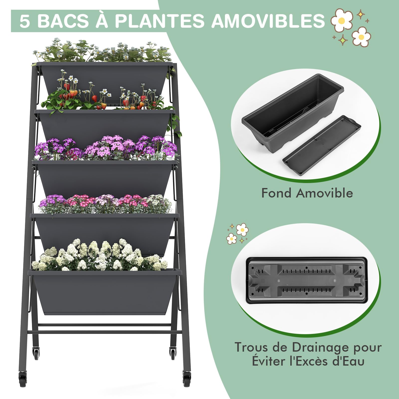 RELAX4LIFE Jardinière Verticale Surélevée avec Roues Verrouillables, Potager sur Pied Urbain à 5 Niveaux en Fer avec Trous de Drainage pour Fleurs Herbes Légumes Terrasse, Balcon (Noir, 50x19x117CM)
