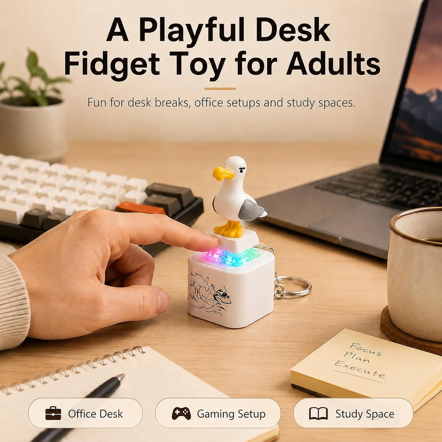 4 Pack Seagull Mine Button Keychain, LED Sound Fidget Clicker | Mine seagull keychain set, Type-C rechargeable desk fidget toy for adults, coworker gifts and white elephant gifts
