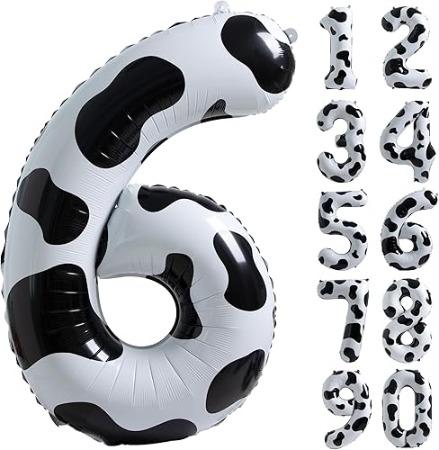 Suministros de decoración de cumpleaños de globos con estampado de vaca, globo número 6 de 40 pulgadas, globos de número temático de vaquera para