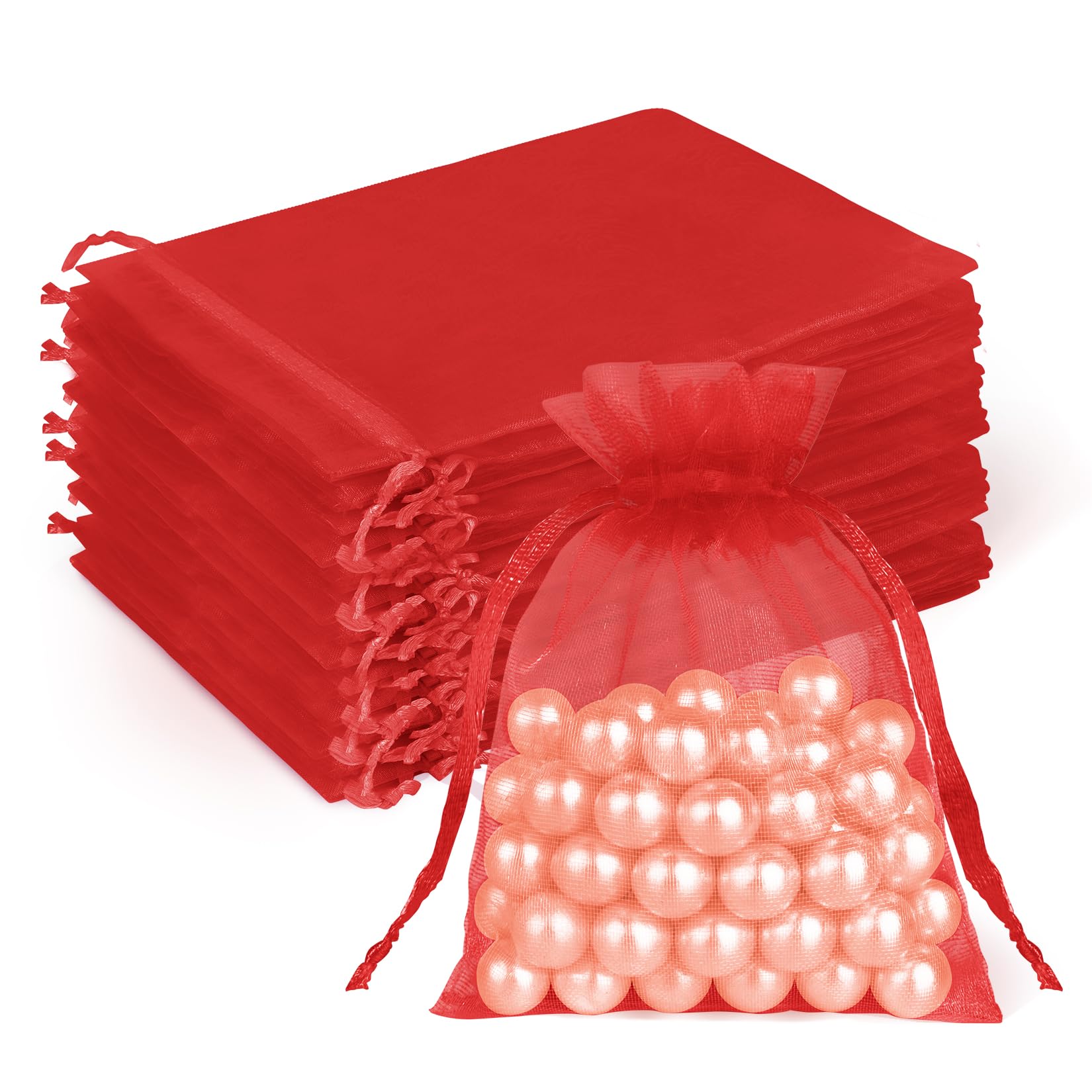 Crweety 50 Pcs Organza Bags 3x4, Red Small Mesh Gift Bags Drawstring Bulk