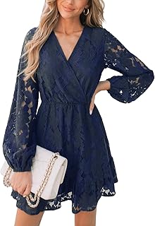 CUPSHE Women Elegant V Neck Lace Peasant Sleeve Mini Summer Dress Elastic High Waist A Line Casual Wedding Guest Dress