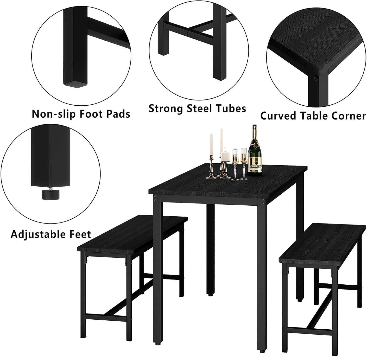Dining Table Set for 4, Kitchen Table Set with Bench, Office Table, Dining Room Table Set for 4 People, 3 Piece Office Table Set for Small Space, Office, Apartment, Corner, Black