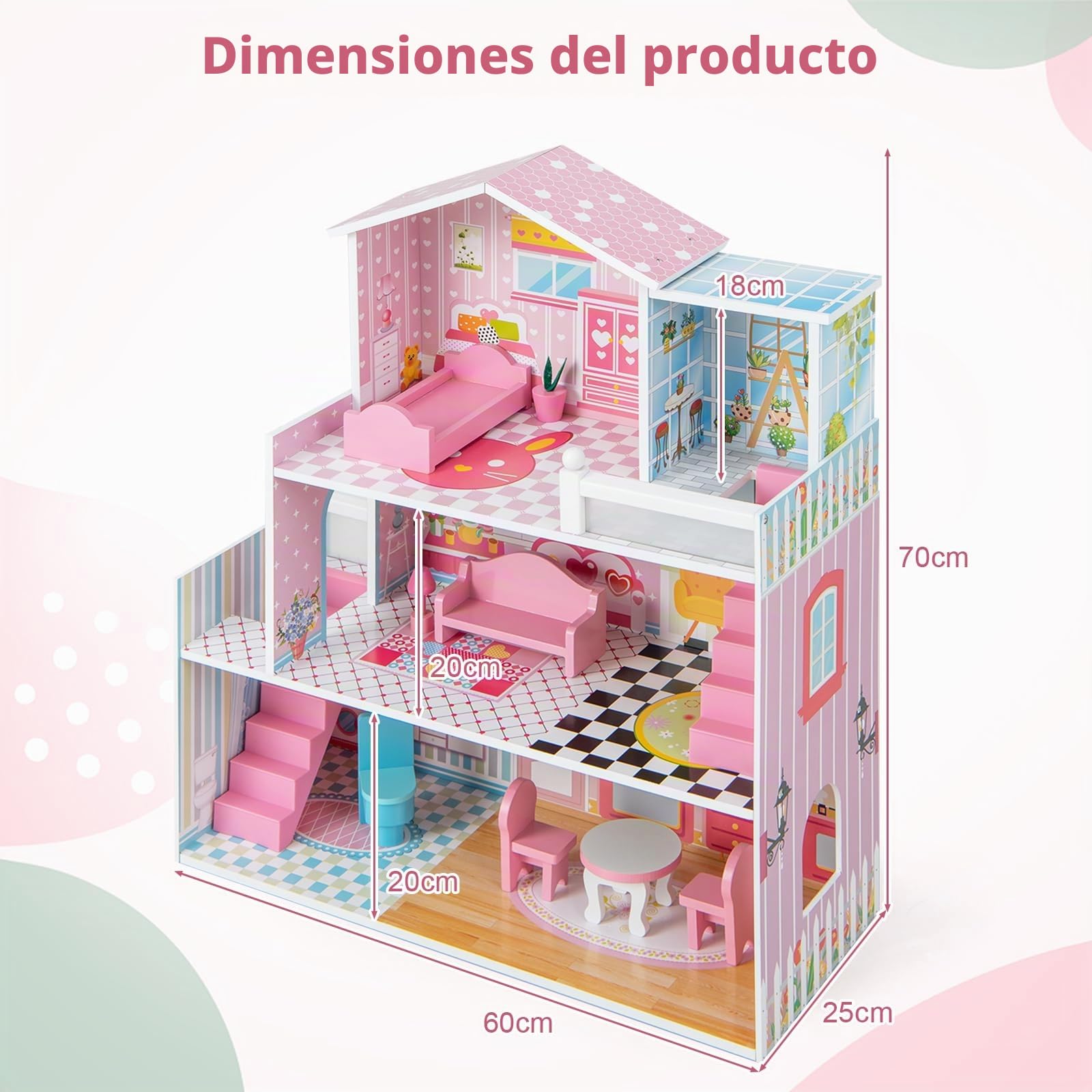 HOMASIS Casa de muñecas de 3 estantes, Casa de muñecas de Madera con 5 Habitaciones y 10 Muebles, Villa de los sueños, Juegos para niñas y niños a Partir de 3 años, 60 x 25 x 70 cm, Rosa