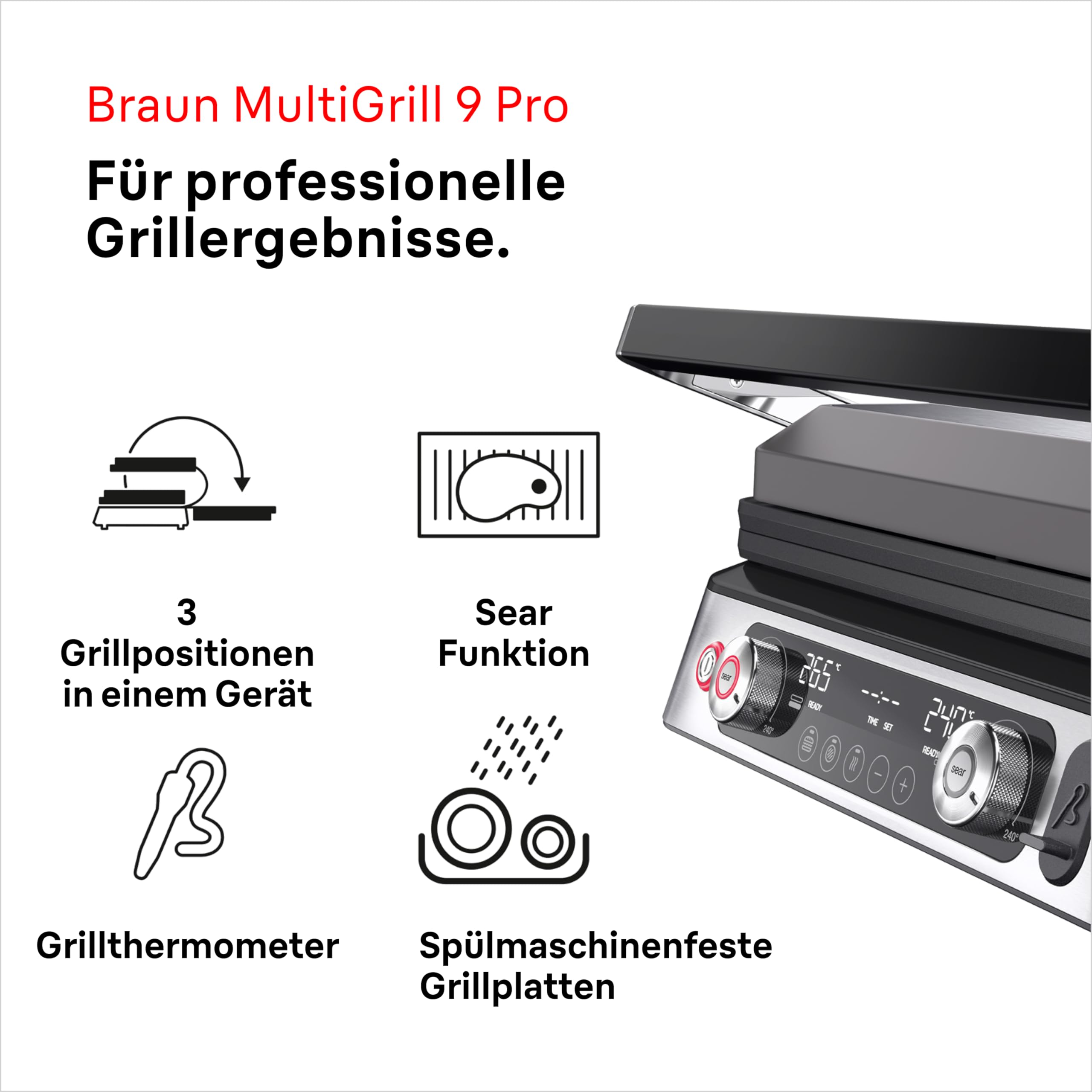 Braun MultiGrill 9 CG 9167 Kontaktgrill mit Grill-, Flach- und Waffelplatten, Temperaturfühler, Boost-Funktion 265°
