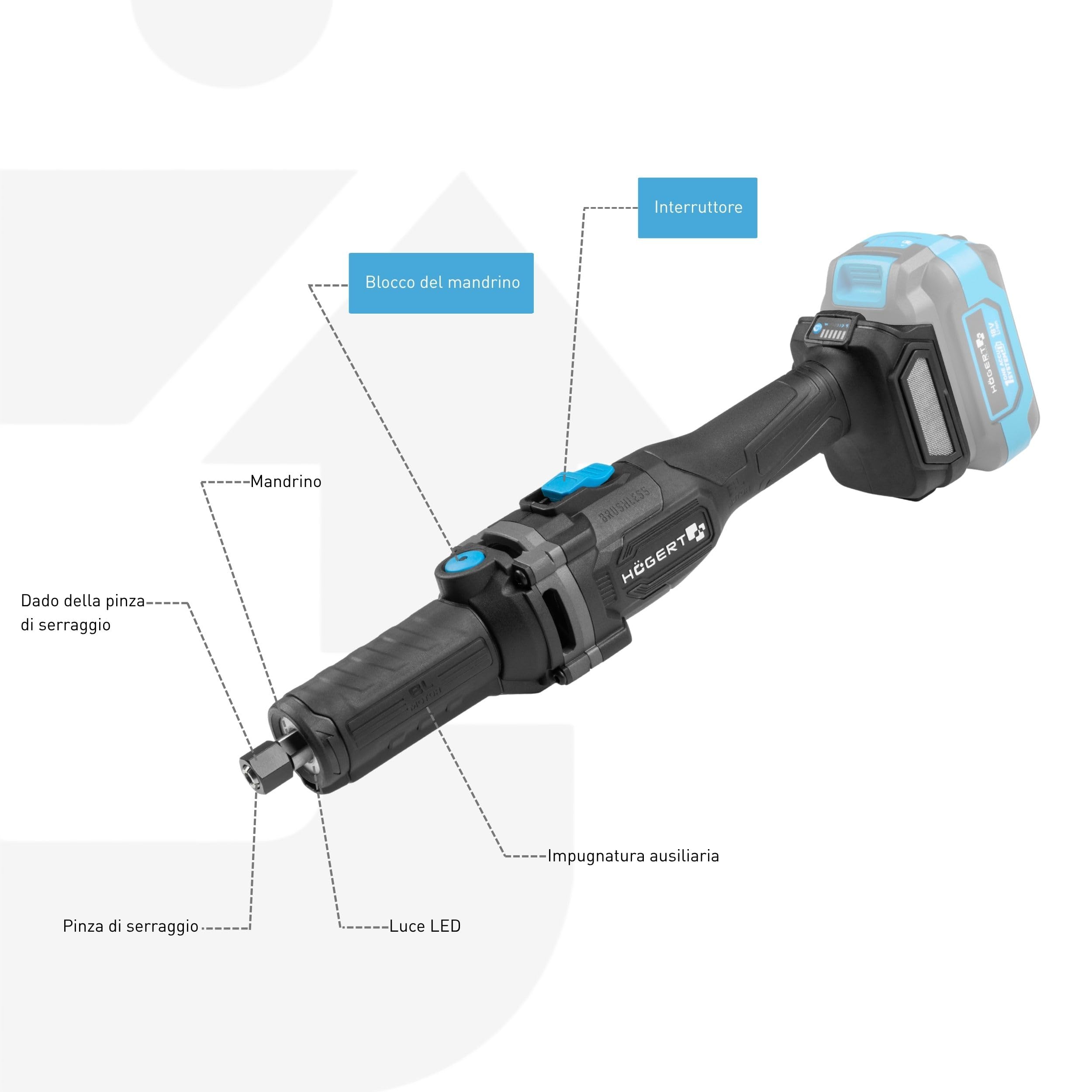 HÖGERT TECHNIK - Smerigliatrice diritta 18V Brushless, levigatrice senza fili, smerigliatrice a matita, utensile multifunzione per metallo legno plastica, regolazione velocità, senza batteria inclusa