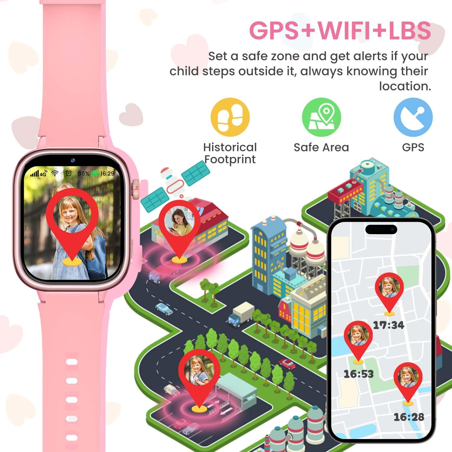 TotsyFun 4G Smartwatch Bambini, IP68 Impermeabile Smartwatch con GPS, SOS, Telefono, HD Videochiamata, Chat Vocale, Modalità Lezione, Sveglia, Sonno, Orologio Bambini per Ragazze e Ragazzi, Rosa