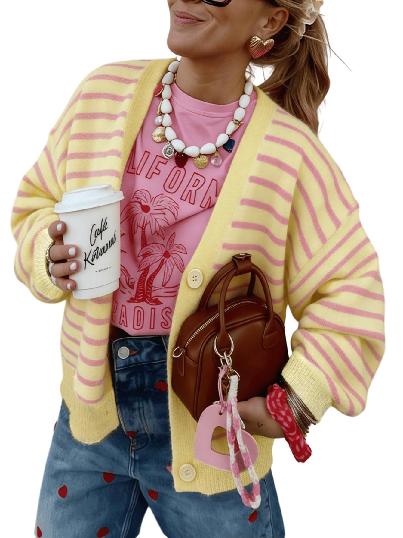 GORGLITTER Chaqueta de punto para mujer, de manga larga, a rayas, con botones, frente abierto, holgada, para otoño, informal, entretiempo