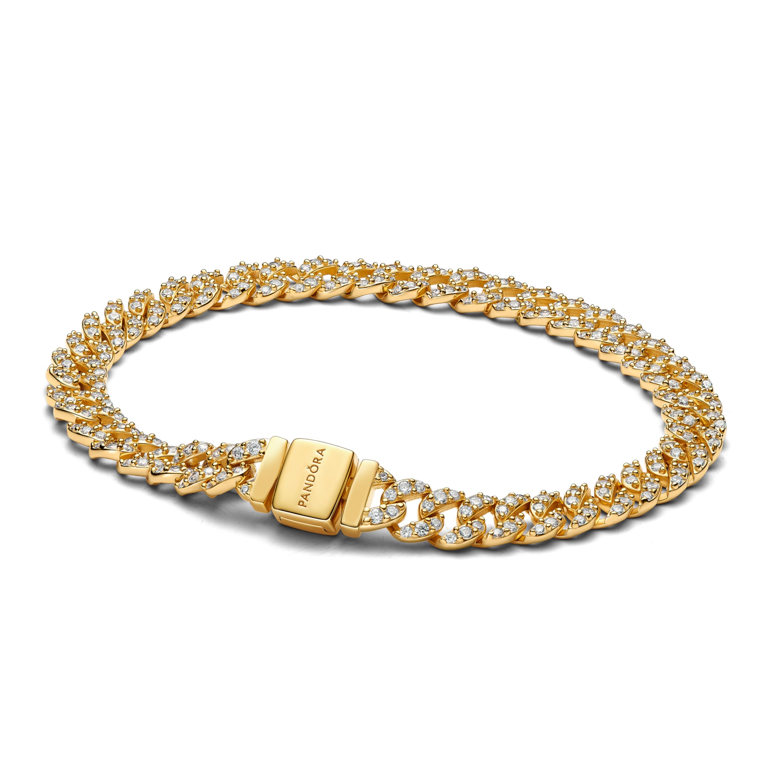 PANDORA Timeless Pavé Cuban Gliederarmband aus Sterling Silber mit vergoldeter Metalllegierung und Zirkonia Größe: 18 cm, 563008C01-18