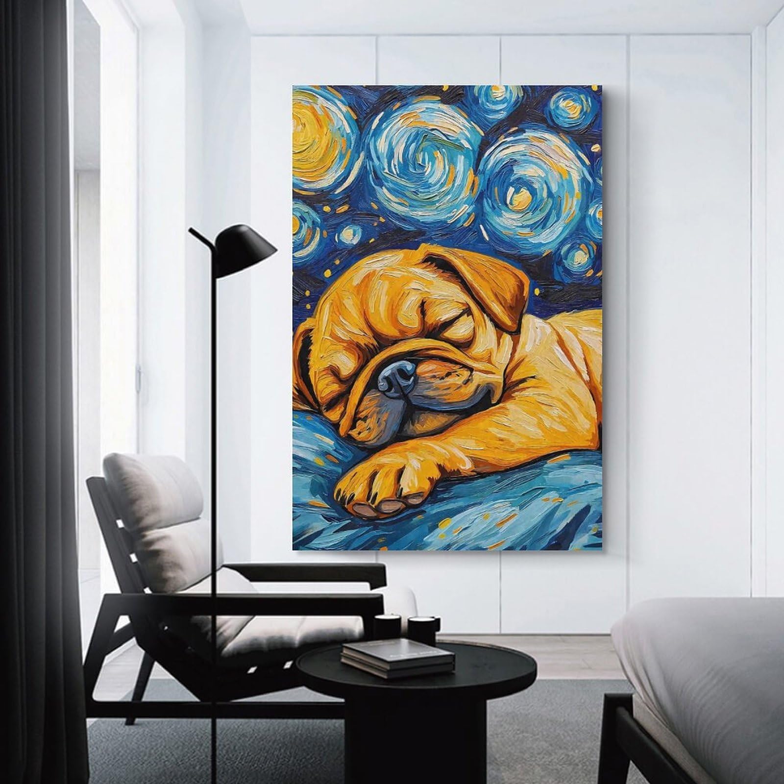Junmoney Sleeping Puggle Starry Night Room Decor Wall Art, 20x30inch(50x75cm), for Living Room, Bedroom, Office Or Hallway, Decorative Artwork with Broad Appeal