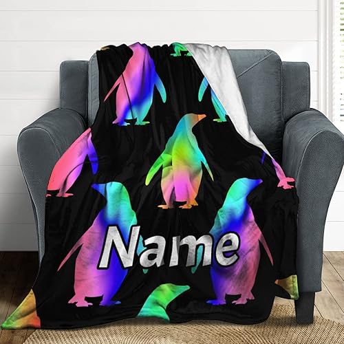 Miniatura 4 de Manta de pingüino personalizada con nombre, 40 x 30 pulgadas, divertida manta para niños, niñas y niños, manta negra suave y mullida para regazo y