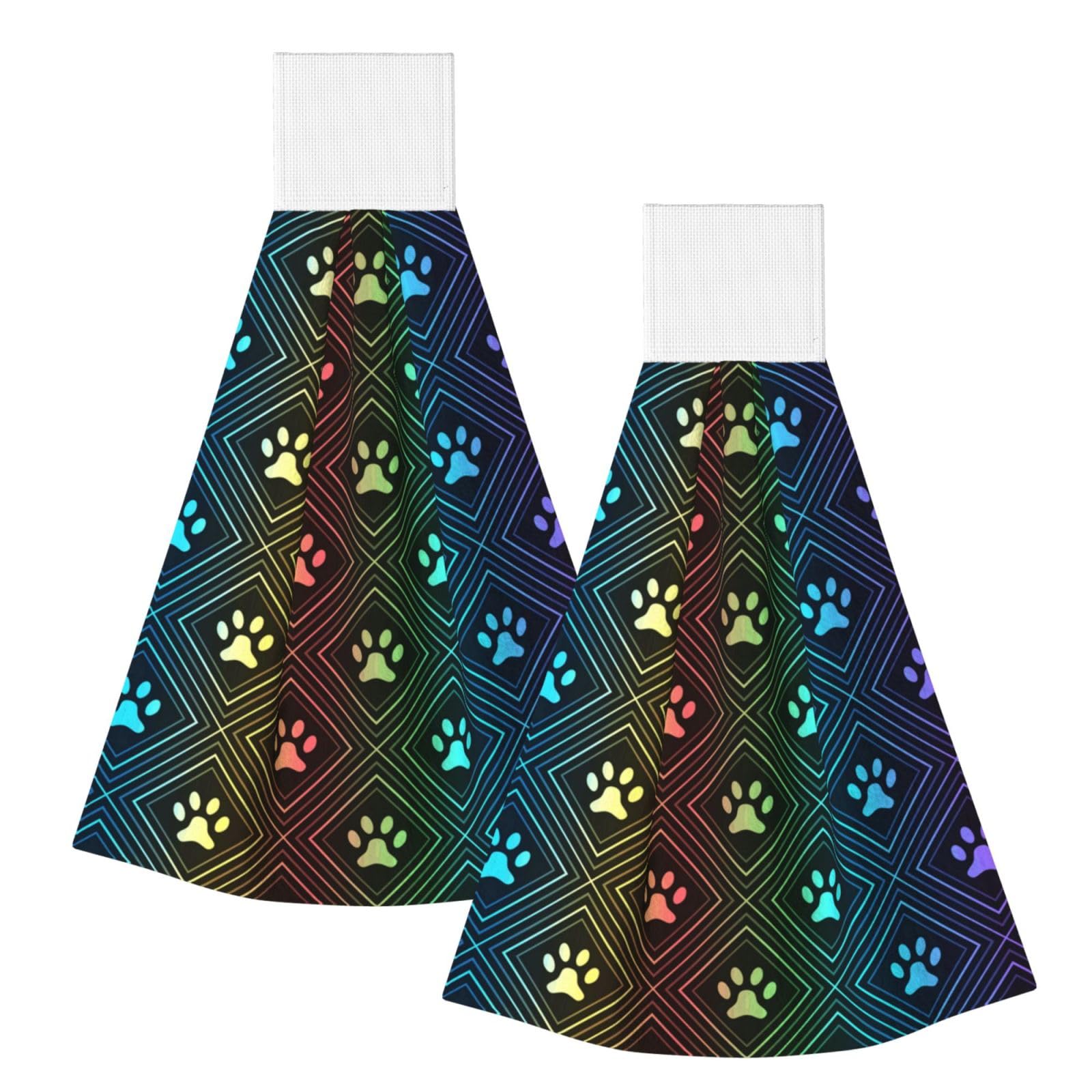 DOPKLNA Rainbow Dog Paw Print, 2 Pcs Hanging Coral Fiber Hand Towels for Bathroom, Absorbent Kitchen Towels