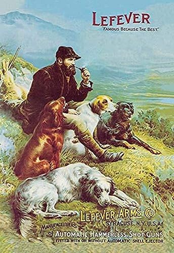 Un cazador se relaja con sus perros de caza y fuma una pipa El póster es un anuncio de la compañía Lefever Arms de Siracusa, Nueva York, que hizo