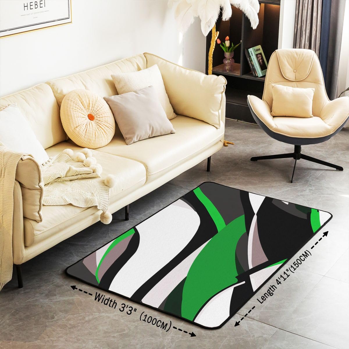 Homewish Grün Gestreift Geometrisch Teppich Wohnzimmer 100x150 Schwarz Weiß Grau Abstrakt Teppiche Aquarell Graffiti Kunst Rugs for Living Room Modern Minimalistisch Neutral Carpet Pflegeleicht