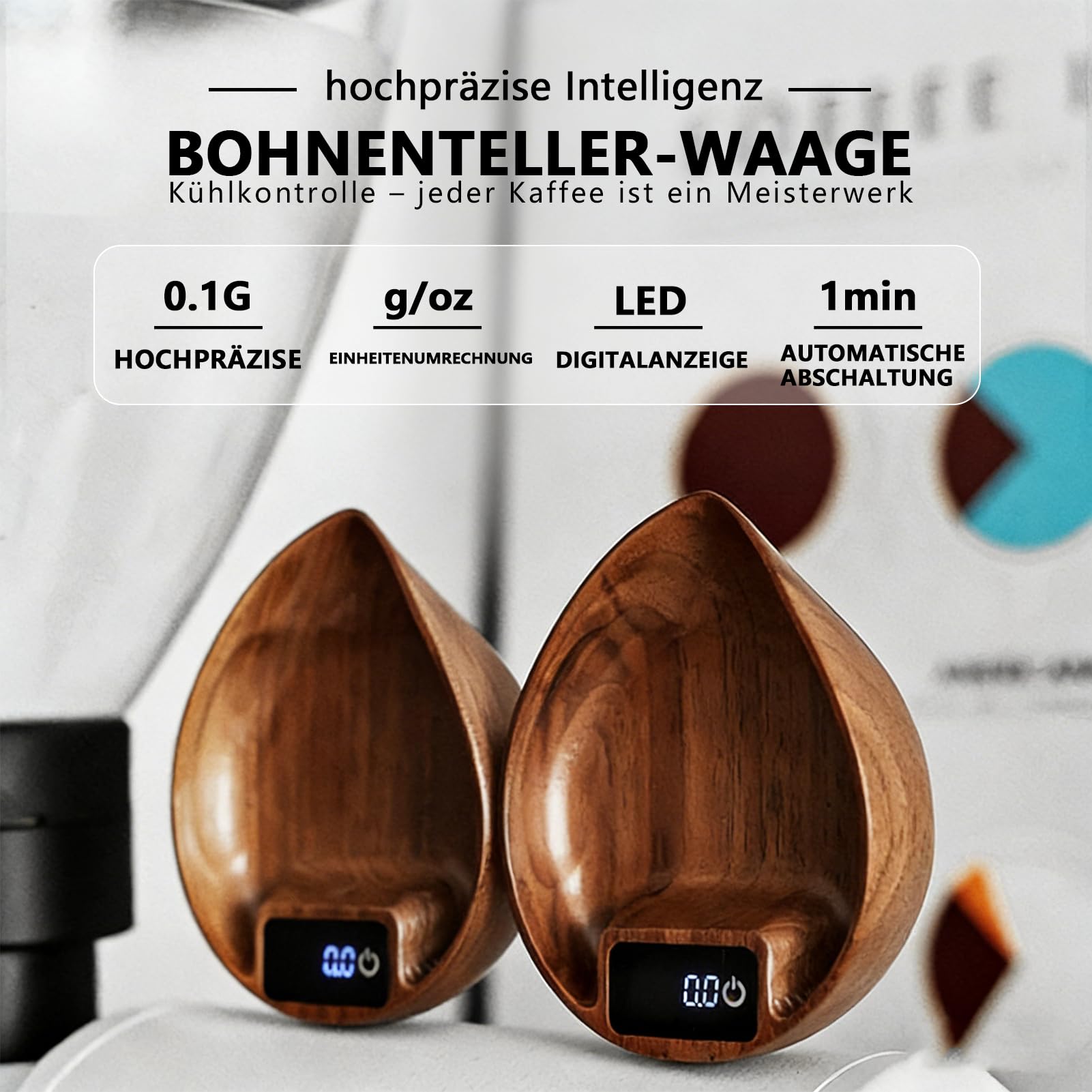 Tragbare Kaffeewaage,Kaffeebohnenwaage,0,1 g Walnuss Präzisions-Digital-Espressowaage,1kg Hochpräzise Küchenwaage Kaffee Zubehör,mit HD LCD Display zum Wiegen und Dosieren