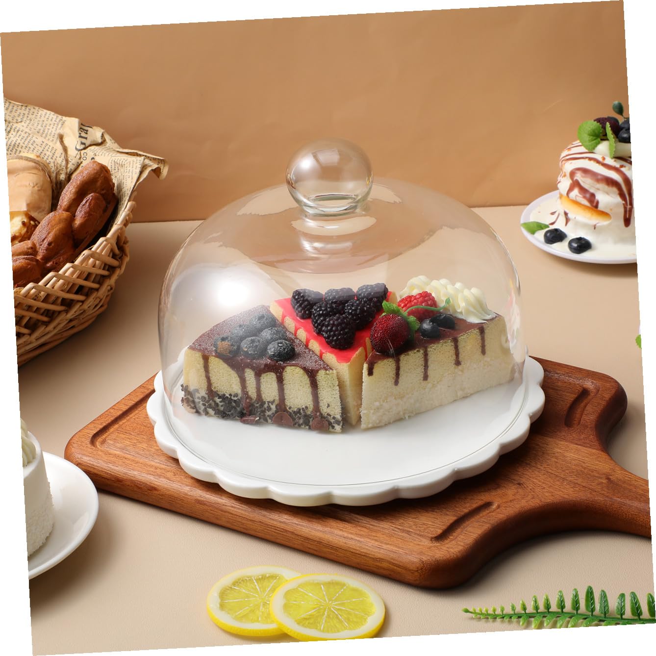 Tapa Protectora para Pasteles de Vidrio Transparente Base Cerámica Campana para Alimentos y Postres Cubierta Anti Polvo para Cocina y Repostería