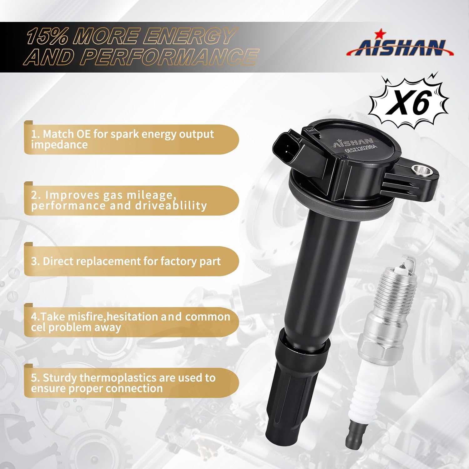 Set of 6 Ignition Coil Pack and Iridium Spark Plugs Compatible with Ford Escape 09-12, Fusion 06-12, for Mercury Mariner 09-11, Milan 06-11, for Lincoln Zephyr 06 UF486