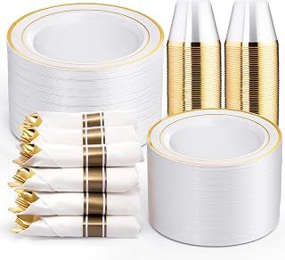 WELLIFE 350-Piece Gold Disposable Plates & Cutlery Set for 50 Guests - Elegant 10.25" Dinner Plates, Cups, Utensils for Weddings & Parties