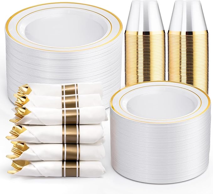 WELLIFE 350-Piece Gold Disposable Plates and Cutlery Set - Premium