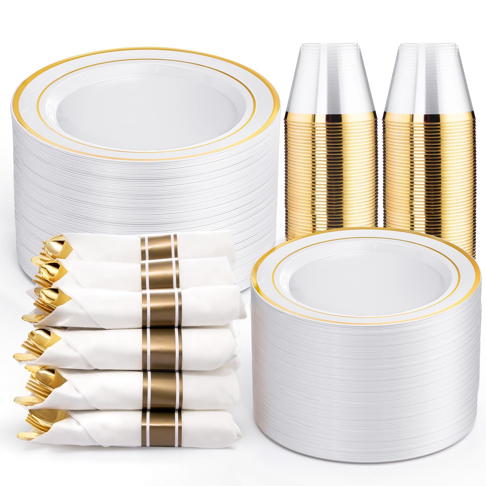 WELLIFE 350-Piece Gold Disposable Plates and Cutlery Set - Premium 10.25" Dinner Plates, 7.5" Dessert Plates, 9oz Cups & Cutlery for Weddings, Catering Events - 50 Guest Service - Elegant & Sturdy