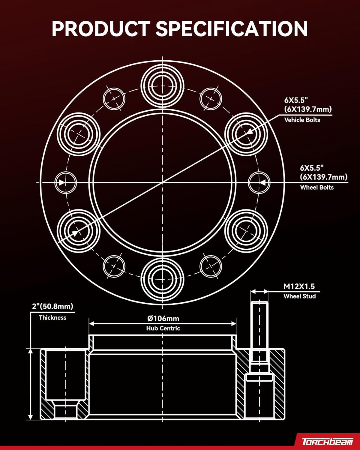 Torchbeam 6x5.5 2 inch Wheel Spacer for Tacoma, 4Runner, FJ Cruiser, Tundra, GX460, Sequoia, GX470, T100, Pickup, Land Cruiser, LX450, 106mm Center Bore & M12x1.5 Studs